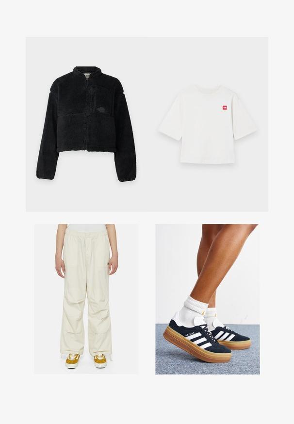 Melns vilnas žakets ar augstu apkakli, saplacinātu dizainu, garām piedurknēm, priekšējo kabatu un faktūru audumu. Iekļauj logo uz krūtīm.; Baltas īsām piedurknēm T-krekls, izgatavots no kokvilnas. Iezīmēts ar mazu sarkanu kvadrātu uz kreisā krūšu apgabala. Taisna griezuma. Mīksta tekstūra.; Krēmkrāsas cargo bikses ar brīvu piegriezumu, elastīgu jostasvietu un vairākām kabatām. Valkātas ar brūniem un baltiem sporta apaviem uz baltas fona.; Melnas zamšādas sporta kurpes ar baltām svītrām un akcentiem, apaļa purngala daļa, gumijas zole, kopā ar baltām ribotām sporta zeķēm.