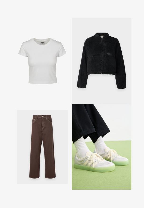 Juodas vilnonis džemperis su aukštu apykakle, trumpu dizainu, ilgomis rankovėmis, priekinėmis kišenėmis ir tekstūruotu audiniu. Yra logotipas ant krūtinės.; Balta medvilnės marškinėliai su klasikiniais apykakle, trumpomis rankovėmis ir prigludusia forma. Nėra matomų raštų ar akcentų.; Rudos plačios kojų džinsai su kontrastingomis siūlėmis, penkiais kišenėmis ir metaliniu mygtuko uždarymu. Lygus paviršius, tiesus kirpimas.; Šviesių spalvų sportbačiai su zomšos ir tinklinės medžiagos viršumi, turintys tris šonines juostas, plokščias raišteles ir permatomą žalią gumos pado dalį.