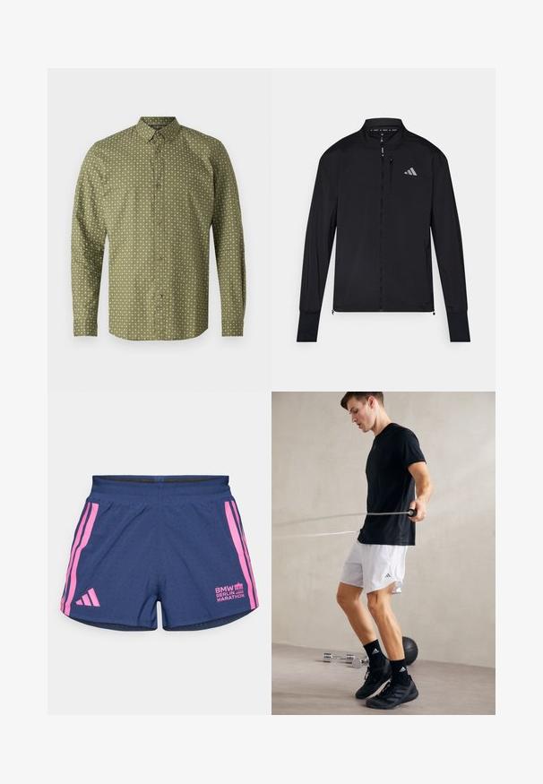 Chaqueta deportiva negra con cremallera frontal completa, cuello alto y mangas largas. Presenta un pequeño logo en el lado izquierdo del pecho y un bolsillo con cremallera. Textura suave.; Camisa larga de manga verde con cuello tipo polo, que presenta un patrón de signos más en blanco y botones marrones en la parte delantera. Textura suave.; Camiseta deportiva sin mangas blanca hecha de tejido ligero, con el logo negro de Adidas en el lado izquierdo del pecho y un escote en forma de scoop.; adidas Performance BER25 SPLIT SHORT - Pantalón corto de deporte - collegiate navy; Camiseta atlética negra y pantalones cortos blancos con aberturas en los laterales. La persona está saltando la cuerda, vistiendo zapatillas y calcetines negros, sobre un suelo liso.