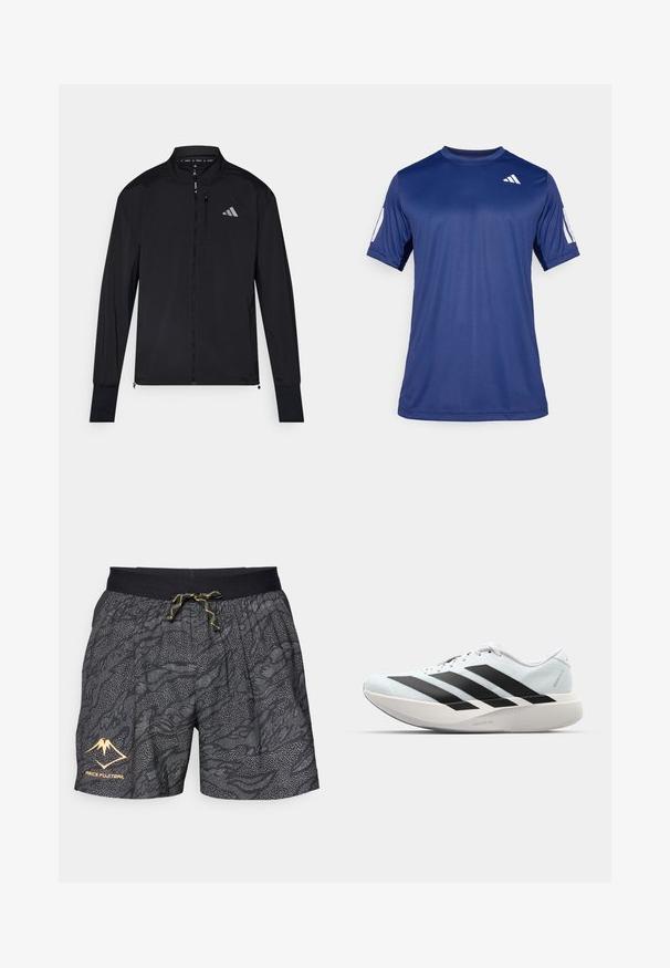 Sort atletisk jakke med fuld frontlynlås, høj krave og lange ærmer. Har et lille logo på venstre bryst og en lynlåslomme. Glat tekstur.; Marineblå kortærmet træningsskjorte lavet af glat stof, med rund hals og en hvid logo detalje på øverste venstre bryst.; Sorte shorts med et tekstureret mønster af grå bølger og prikkede accenter. Har en sort elastisk talje med en gul snor og logo.; Letvægtige løbesko i lys blå med sorte striber. Har en glat overdel, rund tå og tyk hvid mellemsål mærket "LIGHTSTRIKE PRO."