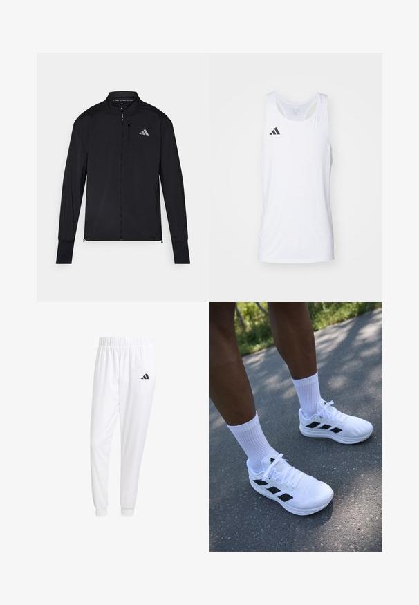 Giacca atletica nera con zip frontale completa, colletto alto e maniche lunghe. Presenta un logo piccolo sul petto sinistro e una tasca con zip. Texture liscia.; Canotta atletica bianca senza maniche realizzata in tessuto leggero, con il logo Adidas nero sul lato sinistro del petto e scollatura a girocollo.; Pantaloni sportivi bianchi realizzati in tessuto liscio, con una vita elasticizzata e polsini aderenti, dotati di un logo nero sulla tasca posteriore.; Scarpe da ginnastica bianche con accenti neri, parte superiore in rete e lacci bianchi. Indossate con calzini bianchi a coste alti, posizionate su una superficie in cemento.