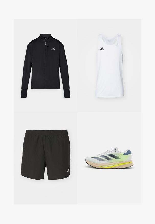 Musta urheilu takki, jossa on täysi edessä oleva vetoketju, korkea kaulus ja pitkät hihat. Sisältää pienen vasemman rinnan logon ja vetoketjullisen taskun. Sujuva pinta.; Valkoinen ilman hihoja oleva urheilullinen hihaton paita, joka on valmistettu kevyestä kankaasta. Paidassa on musta Adidas-logo vasemmassa rinnassa ja kaarrettu kaula-aukko.; Mustat urheilushortsit, joissa on joustava vyötärönauha, sivurei'ät ja heijastavat logoviivat. Valmistettu kevyestä, sileästä kankaasta.; adidas Performance ADIZERO SL2 - Katujuoksukengät - dash grey/core black/lucid lemon