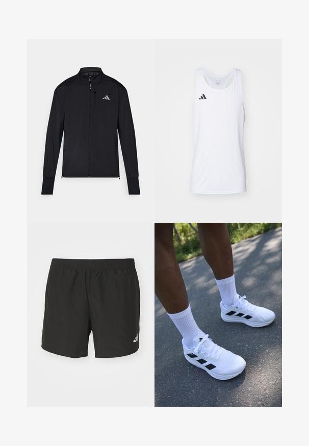 Črna športna jakna z votlim zadrgo, visokim ovratnikom in dolgimi rokavi. Ima majhen logotip na levem prsnem delu in žep z zadrgo. Gladka tekstura.; Bela brezrokavna športna majica iz lahkotnega materiala, z črnim Adidasovim logotipom na levem prsnem delu in z okroglim izrezom.; Črne atletske kratke hlače z elastičnim pasom, stranskimi razporki in odsevnimi logotipnimi poudarki. Narejene so iz lahkotnega, gladkega materiala.; Bele atletske čevlje z black akcenti, mrežastim zgornjim delom in belimi vezalkami. Nosijo se z belimi rebrastimi nogavicami do gležnjev, postavljenimi na betonski površini.