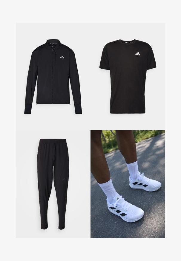 Jachetă sport neagră cu fermoar frontal complet, guler înalt și mâneci lungi. Dispune de un logo mic pe pieptul stâng și o buzunar cu fermoar. Textură netedă.; Tricou negru din bumbac, cu mâneci scurte, de tip crew neckline, cu un logo alb pe pieptul stâng. Textură netedă și design simplu.; Pantaloni atletici negri cu o talie elastică, design conic, buzunare laterale și detalii subtile cu logo. Fabricat dintr-un material flexibil și respirabil.; Pantofi sport albi cu accente negre, superior din plasă și șirete albe. Purtați cu șosete albe cu dungi, așezate pe o suprafață din beton.