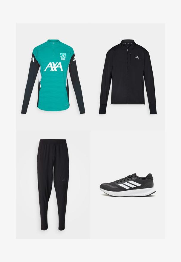 Black athletic jacket with full front zipper, high collar, and long sleeves. Features a small left chest logo and zippered pocket. Smooth texture.; adidas Performance LIVERPOOL FC 25/26 EUROPEAN PRO TRAINING TOP - Club wear - sea green; Black athletic pants with an elastic waistband, tapered design, side pockets, and subtle logo detail. Made from flexible, breathable fabric.; Black athletic shoe with breathable mesh upper, white accents, and a cushioned sole. Features three stripes logo on the side.