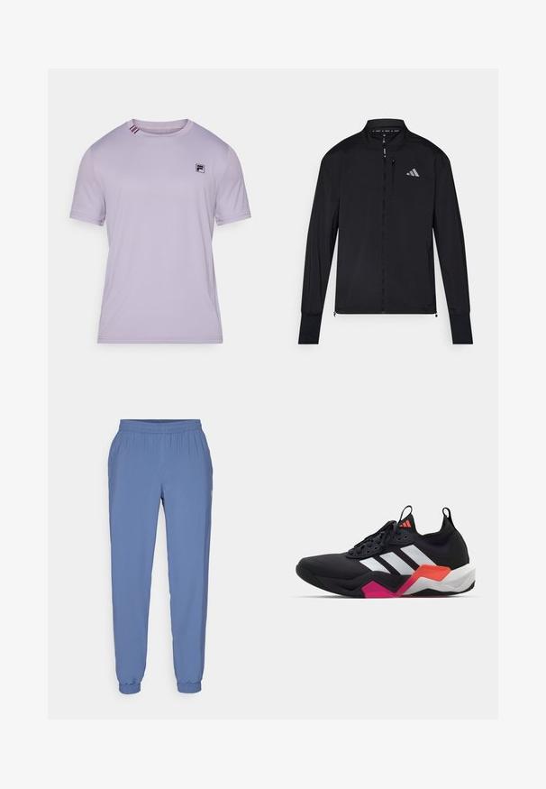 Sort atletisk jakke med fuld frontlynlås, høj krave og lange ærmer. Har et lille logo på venstre bryst og en lynlåslomme. Glat tekstur.; Lys lilla atletisk t-shirt lavet af glat stof. Har et sort logo på brystet og kontrasterende striber på kraven. Korte ærmer.; Blå, letvægts joggerbukser med elastisk talje og manchetter. Har en glat tekstur og et lille logo på siden.; Sort atletisk sko med hvide striber, tekstureret overdel og en kraftig sål med orange, pink og hvide detaljer. Snørebåndsdesign med trækløkke.