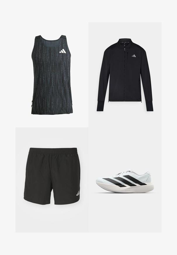 Crna sportska jakna s punim prednjim zatvaračem, visokim ovratnikom i dugim rukavima. Ima mali logo na lijevoj strani prsnog dijela i zatvorenu džep. Glatka tekstura.; Crni atletski top bez rukava s teksturiranim uzorkom i bijelim logotipom. Lagani materijal s opuštenim krojem.; Crne atletske kratke hlače s elastičnim pojasom, bočnim prorezima i reflektirajućim logotipovima. Izrađene od lagane, glatke tkanine.; Lagane tenisice za trčanje u svijetloplavoj boji s crnim trakama. Imaju glatku gornju površinu, okrugli vrh i debeli bijeli srednji sloj označen "LIGHTSTRIKE PRO."