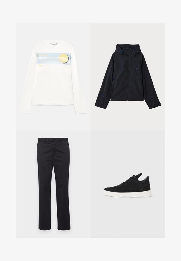 Schwarze leichte Jacke mit Kapuze, ausgestattet mit blauen Akzenten, Kordelzügen und einem Reißverschluss. Hergestellt aus wasserabweisendem Material.; Weißes Langarmshirt mit blauer Grafikstreifen, gelbem kreisförmigem Design und den Aufschriften "Holzweiler" und "SUMMER 25 THE SUN." Aus weichem Baumwollmaterial.; Schwarze Baumwollhose mit geradem Bein, ausgestattet mit einem Knopfverschluss und Gürtelschlaufen. Glatte Textur, keine sichtbaren Muster oder Akzente.; Schwarze Wildleder-Sneaker mit einer weißen Gummisohle, die sich durch elegante Nähte und ein schnürbares Design auszeichnen. Glatte Textur mit einer modernen, stromlinienförmigen Form.