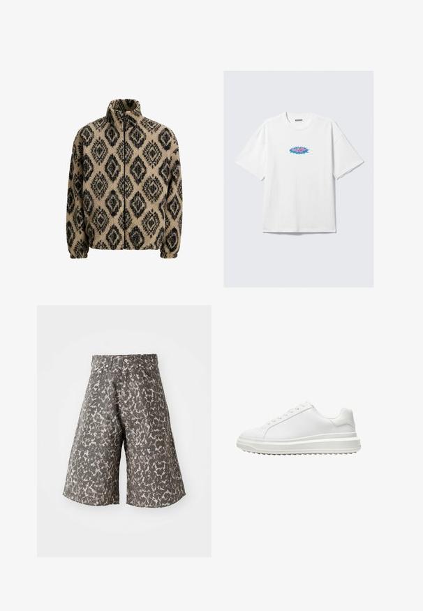 Beige fleecejack met zwart ruitpatroon, hoge kraag, ritssluiting en elastische manchetten. Zachte textuur, ontspannen pasvorm en comfortabele uitstraling.; Witte katoenen t-shirt met een oversized pasvorm, voorzien van een kleurrijk grafisch ontwerp in roze en blauw aan de voorkant. Ronde hals, korte mouwen.; Camo-print shorts in grijstinten en beige. Gemaakt van textuurstof, met een klassiek vijf-pocket ontwerp en metalen knoopsluiting.; Witte sneaker met een glad synthetisch bovenwerk, ronde neus, platte veters, gestructureerde zool en een gelaagd, platformontwerp voor extra hoogte.