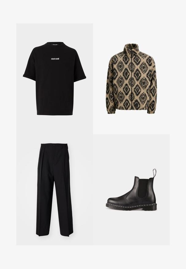 Bežs vilnas jaka ar melnu rombveida rakstu, augstu apkakli, ar rāvējslēdzēju un elastīgām piedurknēm. Mīksta tekstūra, brīvs piegriezums un ērts dizains.; Melnās īsās piedurknes T-krekls ar mazu baltu "roberto cavalli" logo, kas ir centrēts uz krūšu daļas, ar apaļu kakla izgriezumu un sarullētām piedurknēm.; Melnas plisētās bikses ar taisnu, plata kāja dizainu. Izgatavotas no gludas auduma, ar pogu aizdari un jostas cilpiņām.; Melnas ādas Čelsijas apavi ar elastīgām sānu daļām, noapaļota pirksta forma, cilpa aizmugurē, balta šuvuma līnija uz zoles un teksturēta gumijas zole.