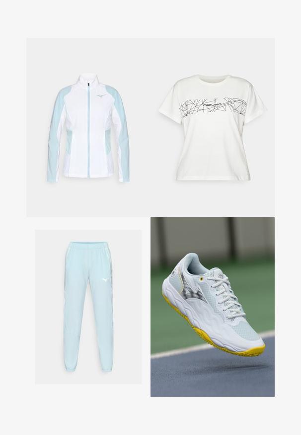 Witte sportjack met lichtblauwe accenten, voorzien van een ritssluiting, hoge kraag en elastische manchetten, gemaakt van een gladde, lichte stof.; Witte T-shirt met korte mouwen van katoen, met een zwart geometrisch ontwerp en de tekst "Mizuno" over de borst. Normale pasvorm, ronde hals.; Lichtblauwe sportbroek van gladde stof, met een elastische tailleband, taps toelopende benen en een wit logo op de linker dij.; Witte sportieve schoen met een geprofileerde mesh bovenwerk, gele accenten op de zool en een gestroomlijnd ontwerp met een zwart logo-detail.