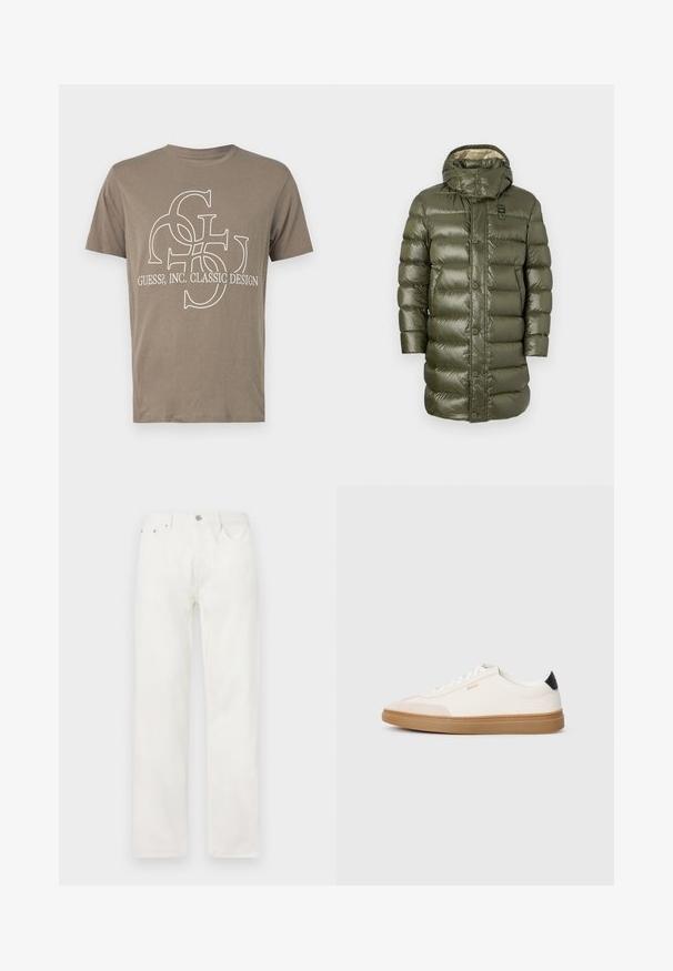 Olivz.green pūkains mētelis ar spīdīgu apdari, kapuci un lieliem quilted paneļiem. Aizdarās ar pogām, ir viegla, izolēta konstrukcija.; Brūns kokvilnas T-krekls ar baltu grafisko dizainu, kurā redzami savienoti burti un uzraksts "GUESS?, INC. KLASISKAIS DIZAINA" priekšpusē.; Baltas džinsu audums ar taisnu kāju, pogu un rāvējslēdzēja aizdari, piecu kabatu dizainu un bez redzamām rakstiem vai akcentiem.; Baltas apavi ar bežiem akcentiem, gluda ādas virsma, noapaļota purngala forma un gumijas zole, ar melnu papēža cilpu un diskrētu zīmolu.