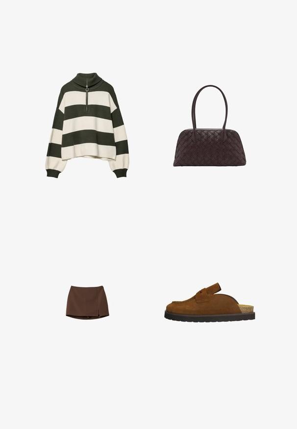 Green canvas jacket with a dark brown corduroy collar, two front pockets, snap buttons, and contrasting stitching along the shoulders.; Knitted pullover with a high collar, featuring olive green and cream horizontal stripes. Includes a silver zip detail at the neck.; White cotton short-sleeve t-shirt with a round neckline. Simple design, loose fit, smooth texture. No patterns or accents visible.; Brown skirt made of smooth fabric, featuring a straight cut and a side slit. Simple design with no patterns or hardware details.; Brown suede slip-on shoe with a rounded toe, exposed heel, and a cork insole. Features contrast stitching and a thick rubber outsole.; Woven brown leather handbag with rounded shape, dual top handles, and smooth texture; features subtle stitching for design detail.