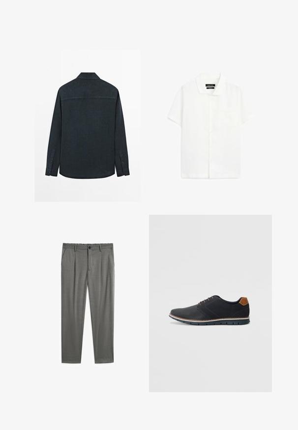 Dunkelblaues Langarmhemd, mit Knopfleiste und Kragen, aus glattem Stoff und mit abgerundetem Saum. Mit geknöpften Manschetten.; Kurzärmliges weißes Hemd aus leichtem Stoff, mit klassischem Kragen, Knopfverschluss und einer Brusttasche.; Grau gestreifte Hosen mit glatter Textur, ausgestattet mit einem Knopfverschluss, elastischem Bund und zwei Seitentaschen. Maßgeschneiderte Passform mit Falten.; Schwarze synthetische Schuhe mit einer strukturierten Oberseite, glatten Akzenten, braunem Absatz und einer kontrastierenden Sohle. Verfügt über minimale Schnürung und Nähdetails.