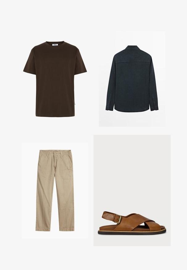 Camicia a maniche lunghe blu scuro, design con bottoni e colletto, caratterizzata da una superficie liscia e un orlo curvo. Include polsini con bottoni.; Minimum AARHUS - T-shirt basic - 1914 seal brown; Chinos beige a gamba dritta con passanti per cintura, chiusura frontale a bottone e zip, e tasche laterali inclinati.; Sandal in pelle marrone con design a strap incrociati, fibbia regolabile e suola texturizzata. Presenta un accento in fibra naturale lungo il bordo.