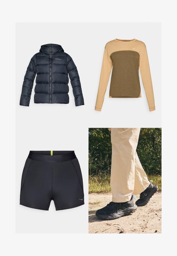 Casaco acolchoado azul-escuro com capuz, apresentando uma textura acolchoada horizontal, fecho frontal completo e um pequeno logótipo no peito.; Camisa de mangas longas com uma parte superior bege e uma parte inferior verde oliváceo escuro. Tecido suave e texturizado com costuras contrastantes nos ombros.; Calções desportivos pretos com uma textura suave, apresentando uma cintura elástica larga e um corte justo. Uma fina risca amarela é visível na parte de trás.; Tênis de caminhada pretos com um cabedal texturizado, fecho de atacadores e uma sola grossa com o logótipo Vibram. Usados com calças de cor clara.