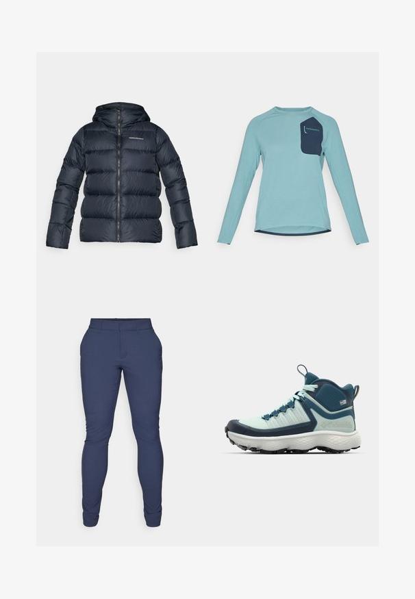 Tumma sininen untuvapuku, jossa on huppu, vaakasuora tikattu pinta, täysi etuvetoketju ja pieni logo rinnassa.; Pitkähihaisen paidan vaaleansininen teksturoitu kangas. Sisältää sinisen taskun, jossa on brändiluettelo. Pyöreä pääntie ja kaarevan helman muotoilu.; Merkinhousut, jotka on valmistettu sileästä ja joustavasta kankaasta. Ominaisuuksiin kuuluu kapea istuvuus, tasainen etuosa ja kapenevat lahkeensuut. Ei näkyviä koristeita.; Miestne turistické topánky v svetlom teal a námorníckej modrej. Majú textúrovaný zvršok, tvarovaný gumový špičkový kryt a agresívnu podrážku pre lepšiu trakciu.