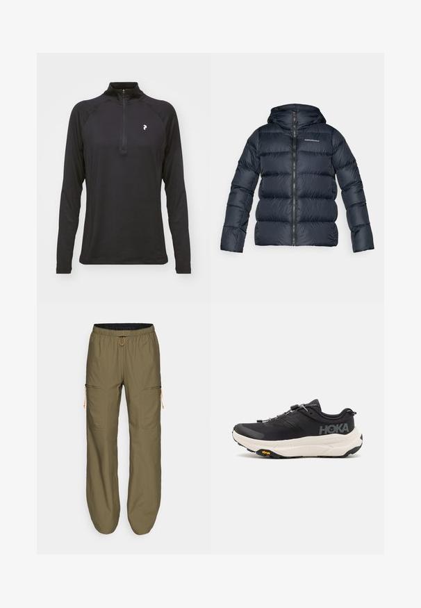 Casaco acolchoado azul-escuro com capuz, apresentando uma textura acolchoada horizontal, fecho frontal completo e um pequeno logótipo no peito.; Top preto de mangas longas com fecho de um quarto, com uma textura suave e design ajustado. Possui mangas raglan e um pequeno logótipo branco no peito.; Calças cargo leves em verde-oliva com cintura elástica e cordão laranja; possuem bolsos laterais com fecho e detalhes costurados.; Ténis de desporto pretos com um cabedal em malha respirável, sola de borracha, entressola branca com amortecimento e atacadores refletivos. Logótipo Vibram na sola.