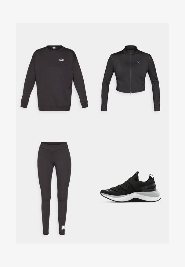 Melnā īsā sporta jaka, izgatavota no elastīga materiāla. Ir augsts apkaklis, priekšējais rāvējslēdzis un acu akcenti uz pleciem. Logo uz krūškurvja.; Melna džemperis ar garām piedurknēm un apaļu kakla izgriezumu. Uz kreisā krūšu daļas ir mazs balts Puma logo. Mīksta auduma tekstūra.; Melni legingi, izgatavoti no elastīga auduma, ar augstu jostasvietu un balto logo, kas izvietots kreisajā apakšējā kājā. Gluda tekstūra.; Melna sporta kurpe ar teksturētu augšējo daļu, elastīgām siksnām un biezu baltu vidusdaļu. Ievietots pelēks akcenta elements gar zoli.