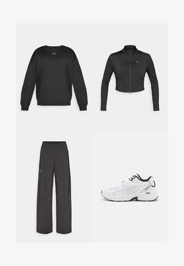 Chaqueta deportiva corta negra hecha de material elástico. Presenta un alto cuello, cremallera frontal y acentos de malla en los hombros. Logo en el pecho.; Sudadera negra con cuello redondo y mangas largas. Presenta un tejido suave, puños acanalados y un pequeño logo blanco de Puma en el pecho.; Pantalones deportivos negros con una cinturilla ancha, bolsillos laterales y costuras planas. Presenta un pequeño logo en la pierna izquierda. Fabricado con una tela suave y elástica.; Zapatilla deportiva blanca con parte superior de malla, acentos negros, panelado texturizado y suela acolchada para mayor comodidad y soporte.