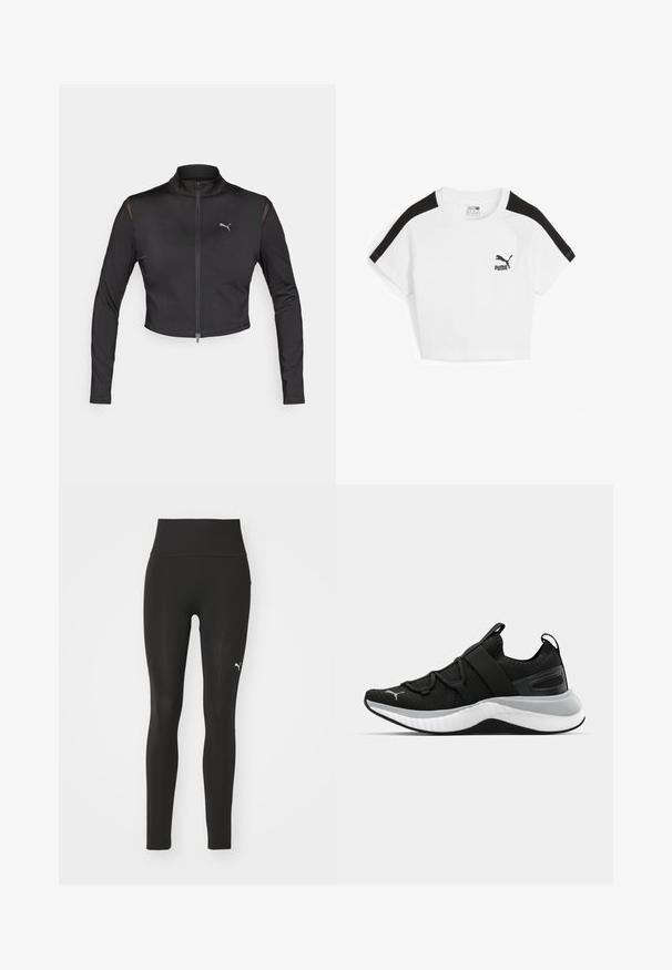 Čierna skrátená športová bunda vyrobená z elastického materiálu. Má vysoký golier, predný zips a sieťové detaily na pleciach. Logo na hrudi.; Biele skrátené tričko s čiernymi raglánovými rukávmi, na hrudi s malým čiernym logom Puma. Vyrobené z bavlny.; Čierne legíny vyrobené z elastického materiálu, s vysokým pásom, bezšvovým dizajnom a malým bielym logom na ľavom stehne.; Čierne športové topánky s textúrovaným zvrškom, elastickými pásikmi a hrubou bielou medzipodrážkou. Obsahujú sivý akcent pozdĺž podrážky.