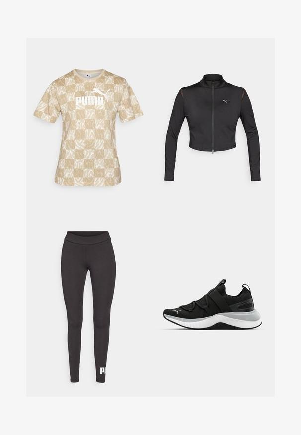 Czarna, krótka sportowa kurtka wykonana z elastycznego materiału. Posiada wysoki kołnierz, zamek błyskawiczny z przodu oraz siateczkowe akcenty na ramionach. Logo na klatce piersiowej.; Beżowa koszulka z krótkim rękawem w wzory, z blokowym wzorem, z białym logo "PUMA" i teksturowymi elementami w lekkim materiale.; Czarne legginsy z elastycznego materiału, z wysokim stanem i białym logo nadrukowanym na dolnej części lewej nogawki. Gładka tekstura.; Czarne sportowe buty z teksturowaną cholewką, elastycznymi paskami i grubą białą podeszwą środkową. Posiadają szary akcent wzdłuż podeszwy.