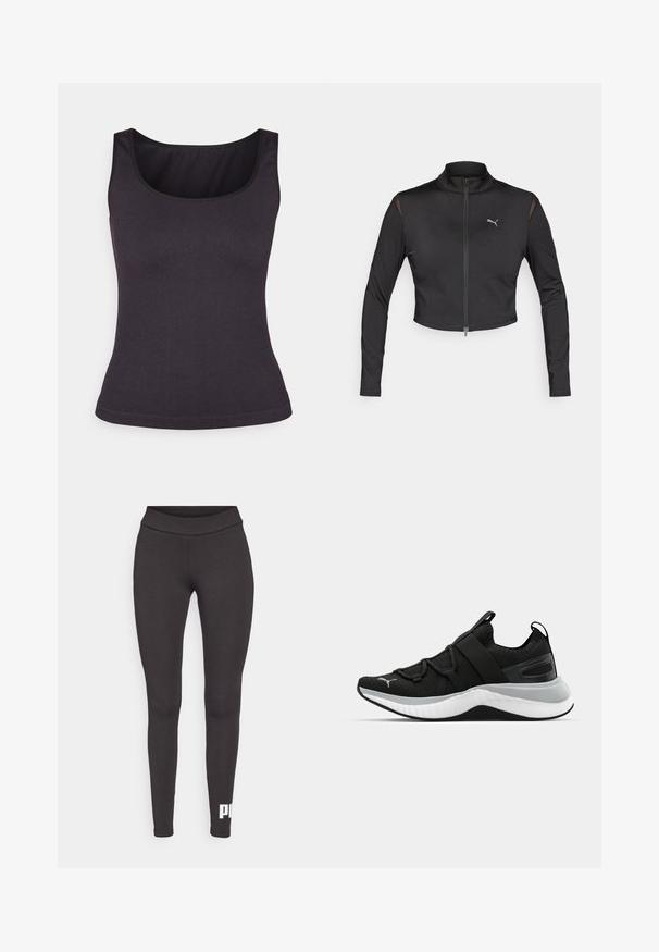 Sort cropped sportsjakke lavet af strækbart materiale. Har høj krave, frontal lynlås og mesh-detaljer på skuldrene. Logo på brystet.; Mørkegrå ribbet tanktop med en rund udskærning og tynde stropper, der har en tætsiddende pasform og en glat tekstur.; Sorte leggings lavet af strækbart stof, med en høj talje og et hvidt logo trykt på den nederste venstre ben. Glat tekstur.; Sort atletiksko med en struktureret overdel, elastiske stropper og en tyk hvid mellemsål. Har en grå accent langs sålen.
