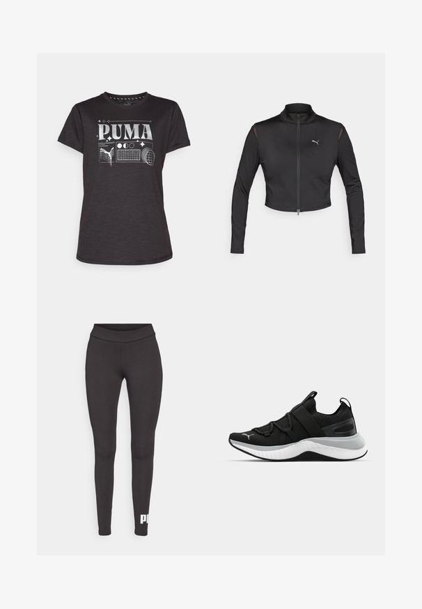 Black cropped sports jacket made of stretchy material. Features a high collar, front zipper, and mesh accents on shoulders. Logo on chest.; Black short-sleeve t-shirt with a silver graphic print featuring "PUMA" and various sports motifs. Soft fabric, classic fit, and round neckline.; Black leggings made of stretchable fabric, featuring a high waistband and a white logo printed on the lower left leg. Smooth texture.; Black athletic shoe with a textured upper, elastic straps, and a thick white midsole. Features a grey accent along the sole.