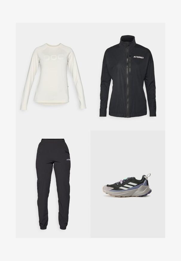 A fekete Terrex dzseki magas nyakkal, elülső cipzárral és sima, könnyű anyaggal rendelkezik, melyen hímzett logó található a mellrészen.; Hosszú ujjú világos bézs ing, sima anyagból készült, elöl nagy, fehér "POC" logóval és kerek nyakkivágással.; Fekete vízálló nadrág rugalmas derékkal, cipzáras oldalsó zsebekkel, keskenyebb lábakkal és bordázott mandzsettával a bokán. Logós díszítéssel rendelkezik.; Fekete sportcipő Gore-Tex felsőrésszel, fehér csíkokkal, lila részletekkel, vastag szürke középtalppal és textúrált szürke talppal a tapadásért.
