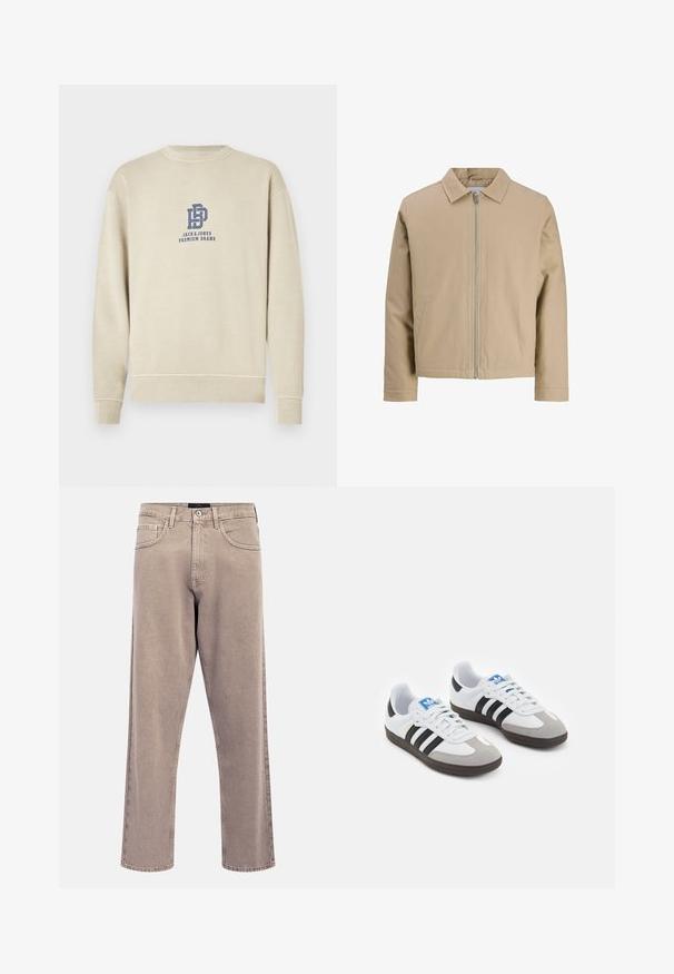 Beige short jacket made of smooth fabric, featuring a point collar, front zip, and two side pockets. Simple design and clean lines.; Beige sweatshirt made of cotton, featuring a round neckline, ribbed cuffs and hem, with a blue logo print on the chest.; Light beige straight-leg jeans with a slightly faded texture, five-pocket design, and metal button closure. Prominent stitching details.; Sport shoes with a white leather upper, gray suede toe, and three black stripes. Features a blue logo on the tongue and a textured rubber sole.