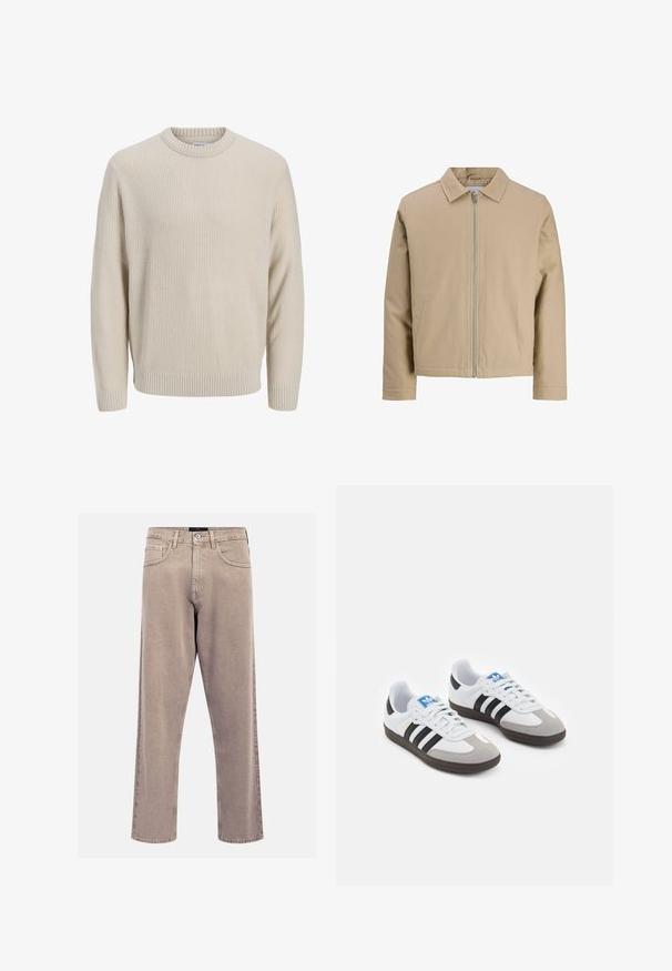 Beige korte jas van gladde stof, met een puntkraag, een ritssluiting aan de voorkant en twee zijzakken. Eenvoudig ontwerp en strakke lijnen.; Lichtbeige gebreide trui met een textuurpatroon, ronde halslijn, geribde manchetten en zoom, en een relaxte pasvorm.; Witte katoenen t-shirt met een ronde hals, korte mouwen en een relaxte pasvorm. Heeft een eenvoudig ontwerp zonder patronen of accenten.; Beige straight-leg jeans van denim, met een klassiek vijf-pocket ontwerp, gestikte accenten en een nette zoomafwerking.; Sportschoenen met een witte leren bovenkant, grijze suède neus en drie zwarte strepen. Bevat een blauw logo op de tong en een gestructureerde rubberen zool.