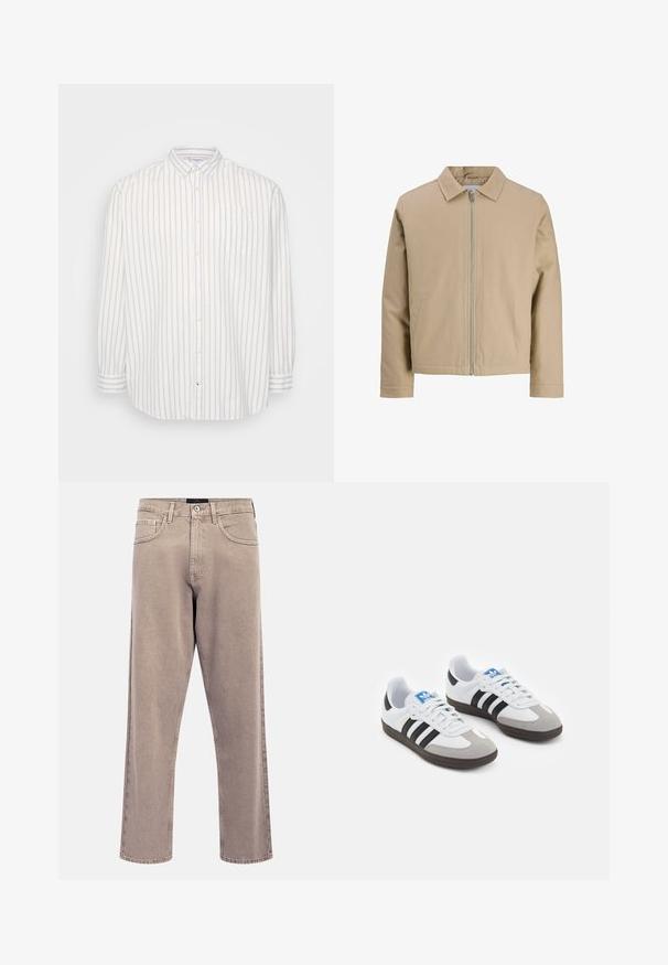 Beige kort jakke laget av glatt stoff, med spiss krage, frontglidelås og to sidelommer. Enkelt design og rene linjer.; Knappskjorte i hvit og lysebeige striper, lange ermer, lomme på venstre bryst, klassisk krage, lett stoff.; Hvit bomulls t-skjorte med rund hals, korte ermer og avslappet passform. Har et ensfarget design uten mønstre eller detaljer.; Lyse beige jeans med rette ben, lett falmet tekstur, fem-lommers design og metallknapp lukking. Fremtredende sømdetaljer.; Sportssko med en hvit skinnoverdel, grå semsket tå og tre svarte striper. Har en blå logo på tungen og en teksturert gummisåle.