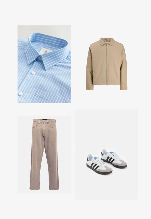 Bež kratki kaput od glatkog materijala, s oštrim ovratnikom, prednjim zatvaračem i dva bočna džepa. Jednostavan dizajn i čiste linije.; Svijetloplava košulja s bijelim vertikalnim prugama, s gumbima sprijeda, šiljastim ovratnikom i jednim džepom na prsima. Tkanina izgleda glatko.; Bijela pamučna majica s okruglim izrezom, kratkim rukavima i opuštenim krojem. Ima jednostavan dizajn bez uzoraka ili akcenta.; Bež traperice ravnog kroja, klasičnog petotocketnog dizajna, sa šivenim detaljima i urednim rubom.; Sportske cipele s gornjištem od bijele kože, sivi suedinasti nos i tri crne pruge. Imaju plavi logo na jeziku i teksturiranu gumenu podlogu.