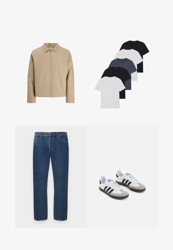 Beige kort jakke laget av glatt stoff, med spiss krage, frontglidelås og to sidelommer. Enkelt design og rene linjer.; Sett av fem t-skjorter i svart, hvit og marineblå. 100% bomull, kortermet, rund halsdesign og ensfarget uten mønstre.; Mørkeblå denimbukser med rett benpassform, med fem lommer og knappelukking. Stoffet har en synlig tekstur og subtil falming.; Sportssko med en hvit skinnoverdel, grå semsket tå og tre svarte striper. Har en blå logo på tungen og en teksturert gummisåle.