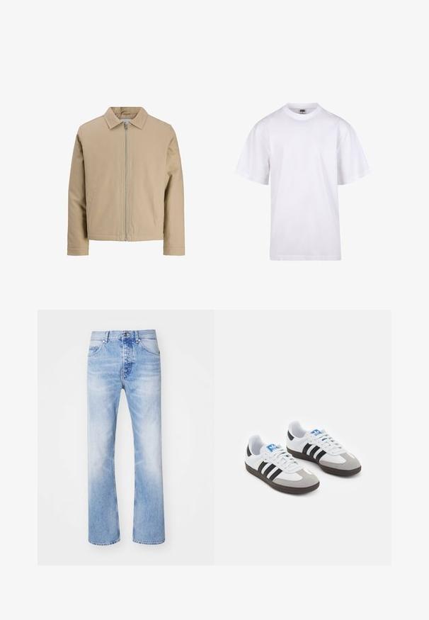 Bežna kratka jakna iz gladkega materiala, z ovratnikom, sprednjim zadrgo in dvema stranskima žepoma. Preprost dizajn in čiste linije.; Bela bombažna majica s krojem na vratu, kratkimi rokavi in ohlapnim fitom. Ima enostaven dizajn brez vzorcev ali dodatkov.; Svijetloplave traperice sa ravnim nogavicama, koje imaju klasičan dizajn s pet džepova i suptilan izblijedjeli uzorak.; Športni čevlji z belim usnjenim zgornjim delom, sivim semišem na prstih in tremi črnimi črtami. Imajo modro logo na jeziku in teksturiran gumijast podplat.