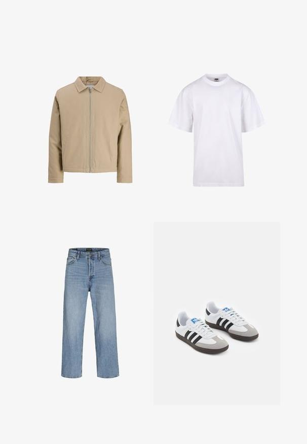 Béžová krátká bunda vyrobená z hladkého materiálu, se stojáčkovým límcem, předním zipem a dvěma bočními kapsami. Jednoduchý design a čisté linie.; Bílé bavlněné tričko s kulatým výstřihem, krátkými rukávy a volným střihem. Má jednoduchý design bez vzorů nebo akcentů.; Světle modré džíny z denimu s vysokým pasem, rovnými nohavicemi, pěti kapsami a zapínáním na knoflíky. Klasické praní s minimálním opotřebením.; Sportovní boty s bílým koženým svrškem, šedou semišovou špičkou a třemi černými pruhy. Obsahují modré logo na jazyku a texturovanou gumovou podrážku.