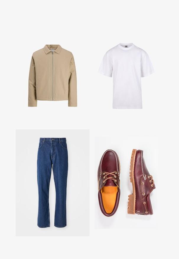 Beige korte jas van gladde stof, met een puntkraag, een ritssluiting aan de voorkant en twee zijzakken. Eenvoudig ontwerp en strakke lijnen.; Witte katoenen t-shirt met een ronde hals, korte mouwen en een relaxte pasvorm. Heeft een eenvoudig ontwerp zonder patronen of accenten.; Blauwe denim jeans met een rechte pasvorm, vijf zakken, en een stevige tailleband met een metalen knoopsluiting.; Bordeaux leren schoenen met bruine rubberen zolen, ronde neus, witte stiksels en gouden veterogen. Het interieur heeft een gele voering.