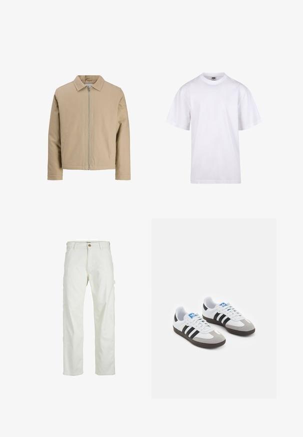 Beige short jacket made of smooth fabric, featuring a point collar, front zip, and two side pockets. Simple design and clean lines.; White cotton t-shirt with a crew neckline, short sleeves, and a relaxed fit. Features plain design without patterns or accents.; White cargo pants featuring a relaxed fit, front button closure, and multiple pockets on the sides, made from durable cotton material.; Sport shoes with a white leather upper, gray suede toe, and three black stripes. Features a blue logo on the tongue and a textured rubber sole.