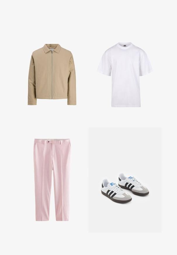 Beige kort jakke lavet af glat stof, med spidse krave, frontlynlås og to sidelommer. Enkel design og rene linjer.; Hvid bomulds T-shirt med rund halsudskæring, korte ærmer og en afslappet pasform. Har et enkelt design uden mønstre eller dekorationer.; Next MOTIONFLEX - Habitbukser - pink; Sportsko med en overdel i hvid læder, grå ruskind på tåen og tre sorte striber. Har et blåt logo på tungen og en struktureret gummisål.