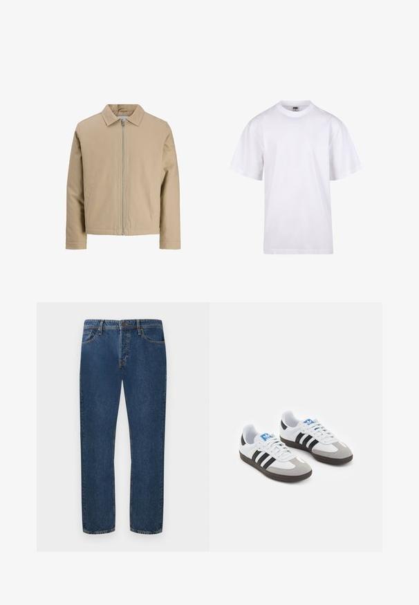 Beige short jacket made of smooth fabric, featuring a point collar, front zip, and two side pockets. Simple design and clean lines.; White cotton t-shirt with a crew neckline, short sleeves, and a relaxed fit. Features plain design without patterns or accents.; Dark blue denim jeans with a straight-leg fit, featuring five pockets and a button closure. The fabric has a visible texture and subtle fading.; Sport shoes with a white leather upper, gray suede toe, and three black stripes. Features a blue logo on the tongue and a textured rubber sole.