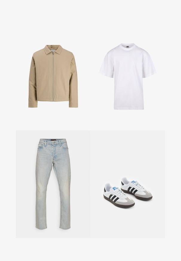 Chaqueta corta beige hecha de tejido suave, con cuello tipo solapa, cierre frontal y dos bolsillos laterales. Diseño simple y líneas limpias.; Camiseta blanca de algodón con cuello redondo, mangas cortas y un corte relajado. Presenta un diseño liso sin patrones ni detalles.; Vaqueros de pierna recta en azul claro, hechos de denim. Presenta un diseño de cinco bolsillos, trabillas para cinturón y un ligero desvanecimiento. Sin patrones o detalles visibles.; Zapatillas deportivas con parte superior de piel blanca, puntera de ante gris y tres rayas negras. Presentan un logo azul en la lengüeta y una suela de goma texturizada.