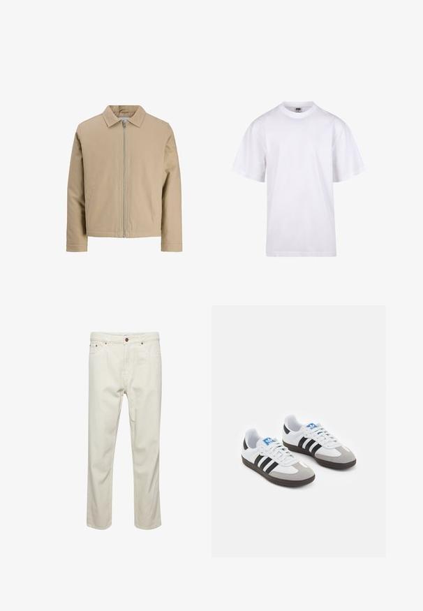 Beige korte jas van gladde stof, met een puntkraag, een ritssluiting aan de voorkant en twee zijzakken. Eenvoudig ontwerp en strakke lijnen.; Witte katoenen t-shirt met een ronde hals, korte mouwen en een relaxte pasvorm. Heeft een eenvoudig ontwerp zonder patronen of accenten.; Beige katoenen broek met een rechte snit, vijf zakken, knoopsluiting en subtiele stikdetails. Even textuur zonder zichtbare patronen.; Sportschoenen met een witte leren bovenkant, grijze suède neus en drie zwarte strepen. Bevat een blauw logo op de tong en een gestructureerde rubberen zool.