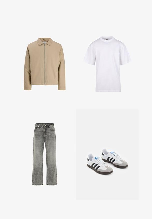 Bežs īsais jakeits, izgatavots no gludas auduma, ar punktveida apkakli, priekšējo rāvējslēdzēju un divām sānu kabatām. Vienkāršs dizains un skaidras līnijas.; Balts kokvilnas T-krekls ar apaļu kakla izgriezumu, īsām piedurknēm un brīvu piegriezumu. Tam ir vienkāršs dizains bez rakstiem vai akcentiem.; Pelēki platmala džinsi, izgatavoti no denima ar nodilušu apdari. Ieskaitot priekšējos kabatas, jostas cilpas un rāvējslēdzēja piedurkni ar pogu aizdari.; Sporta apavi ar balto ādas virsu, pelēku zamšādas purngalu un trim melnām svītrām. Iezīmē zilu logotipu uz mēles un teksturētu gumijas zoli.