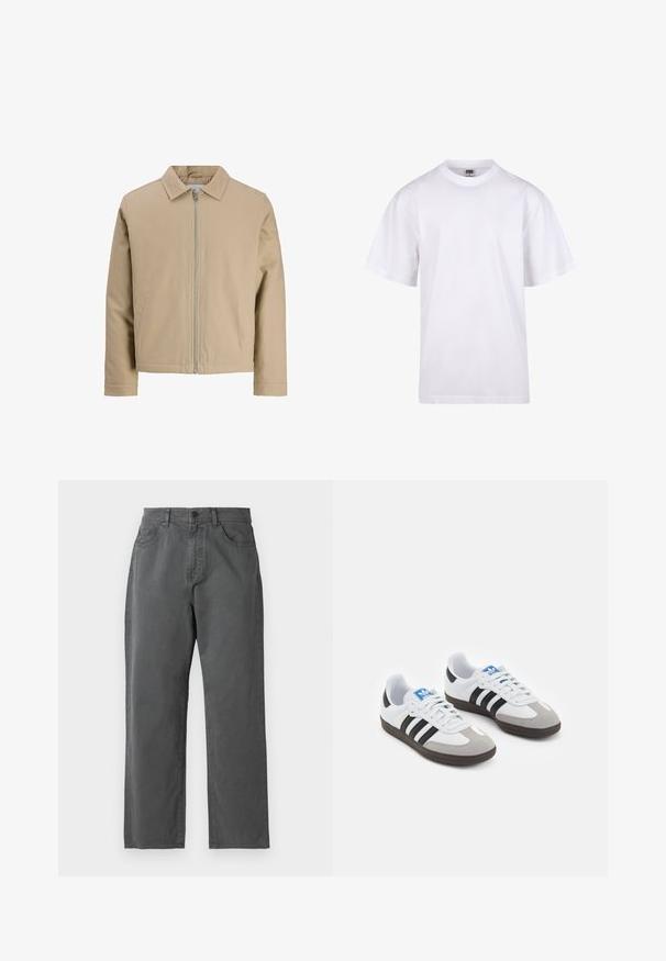 Giacca corta beige realizzata in tessuto liscio, con colletto a punta, zip frontale e due tasche laterali. Design semplice e linee pulite.; T-shirt bianca in cotone con scollatura a girocollo, maniche corte e vestibilità rilassata. Presenta un design semplice senza motivi o accenti.; Pantaloni di tessuto grigio a taglio dritto, con chiusura a bottoni e cerniera, cinque tasche e dettagli di cucitura discreti.; Scarpe sportive con tomaia in pelle bianca, punta in suede grigia e tre strisce nere. Presentano un logo blu sulla linguetta e una suola in gomma testurizzata.
