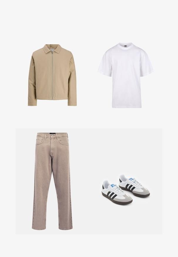 Beige korte jas van gladde stof, met een puntkraag, een ritssluiting aan de voorkant en twee zijzakken. Eenvoudig ontwerp en strakke lijnen.; Witte katoenen t-shirt met een ronde hals, korte mouwen en een relaxte pasvorm. Heeft een eenvoudig ontwerp zonder patronen of accenten.; Lichtbeige jeans met rechte pijpen, een licht vervaagde textuur, vijfzakkenontwerp en metalen knoopsluiting. Opvallende stikseldetails.; Sportschoenen met een witte leren bovenkant, grijze suède neus en drie zwarte strepen. Bevat een blauw logo op de tong en een gestructureerde rubberen zool.