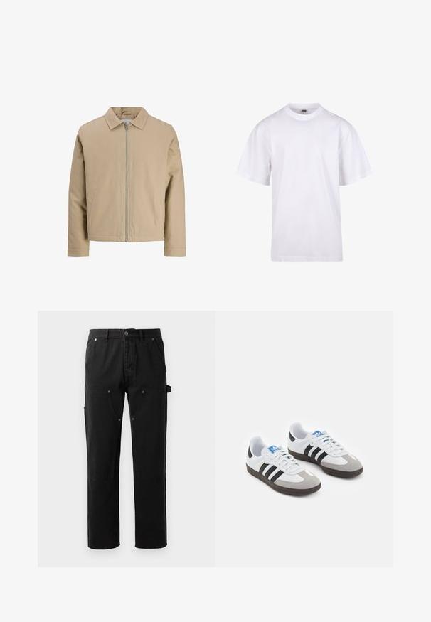 Beige kort jakke lavet af glat stof, med spidse krave, frontlynlås og to sidelommer. Enkel design og rene linjer.; Hvid bomulds T-shirt med rund halsudskæring, korte ærmer og en afslappet pasform. Har et enkelt design uden mønstre eller dekorationer.; Sorte bomuldsbukser med lige ben, to forlommer, sidelomme til værktøj og trykknapdetaljer.; Sportsko med en overdel i hvid læder, grå ruskind på tåen og tre sorte striber. Har et blåt logo på tungen og en struktureret gummisål.