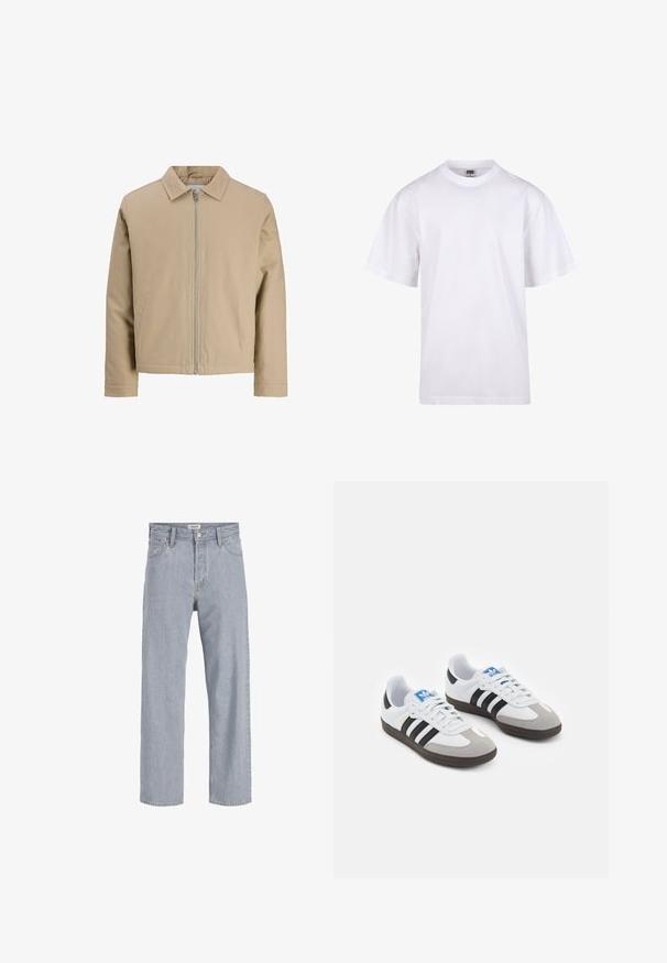 Béžová krátká bunda vyrobená z hladkého materiálu, se stojáčkovým límcem, předním zipem a dvěma bočními kapsami. Jednoduchý design a čisté linie.; Bílé bavlněné tričko s kulatým výstřihem, krátkými rukávy a volným střihem. Má jednoduchý design bez vzorů nebo akcentů.; Světlé modré denimové džíny s uvolněným střihem, rovnými nohavicemi, viditelným šitím, dvěma předními kapsami a zapínáním na knoflík.; Sportovní boty s bílým koženým svrškem, šedou semišovou špičkou a třemi černými pruhy. Obsahují modré logo na jazyku a texturovanou gumovou podrážku.