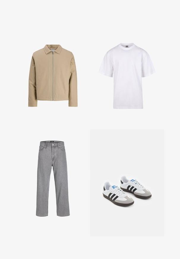 Chaqueta corta beige hecha de tejido suave, con cuello tipo solapa, cierre frontal y dos bolsillos laterales. Diseño simple y líneas limpias.; Camiseta blanca de algodón con cuello redondo, mangas cortas y un corte relajado. Presenta un diseño liso sin patrones ni detalles.; Pantalones de mezclilla gris con un ajuste relajado y holgado. Cuenta con un diseño tradicional de cinco bolsillos y un cierre de botón en la cintura.; Zapatillas deportivas con parte superior de piel blanca, puntera de ante gris y tres rayas negras. Presentan un logo azul en la lengüeta y una suela de goma texturizada.