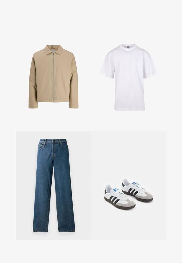 Bež lühike jakk, mis on valmistatud siledast kangast, millel on punktkaelus, esitõmblus ja kaks külgtaskut. Lihtne disain ja puhtad jooned.; Valge puuvillane t-särk ümmarguse kaeluse, lühikeste varrukate ja lõdva lõikega. Omab lihtsat disaini ilma mustrite või aktsendita.; Tumedad sinine teksased, millel on mugav istuvus, sirged jalad, viis taskut ja kontrastne õmblemine. Esipaneelil on nupuga ja lukuga kinni minek.; Spordijalatsid valge nahkpealsega, halli nubuk-naha otsaga ja kolme musta triibuga. Omab sinist logo keele peal ja struktureeritud kummitalda.