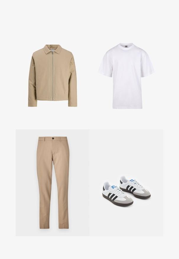 Bež kratki kaput od glatkog materijala, s oštrim ovratnikom, prednjim zatvaračem i dva bočna džepa. Jednostavan dizajn i čiste linije.; Bijela pamučna majica s okruglim izrezom, kratkim rukavima i opuštenim krojem. Ima jednostavan dizajn bez uzoraka ili akcenta.; Bež hlače krojene od glatkog materijala, s kopčanjem na gumb, petljama za pojas i slim-fit dizajnom s ravnim nogavicama.; Sportske cipele s gornjištem od bijele kože, sivi suedinasti nos i tri crne pruge. Imaju plavi logo na jeziku i teksturiranu gumenu podlogu.